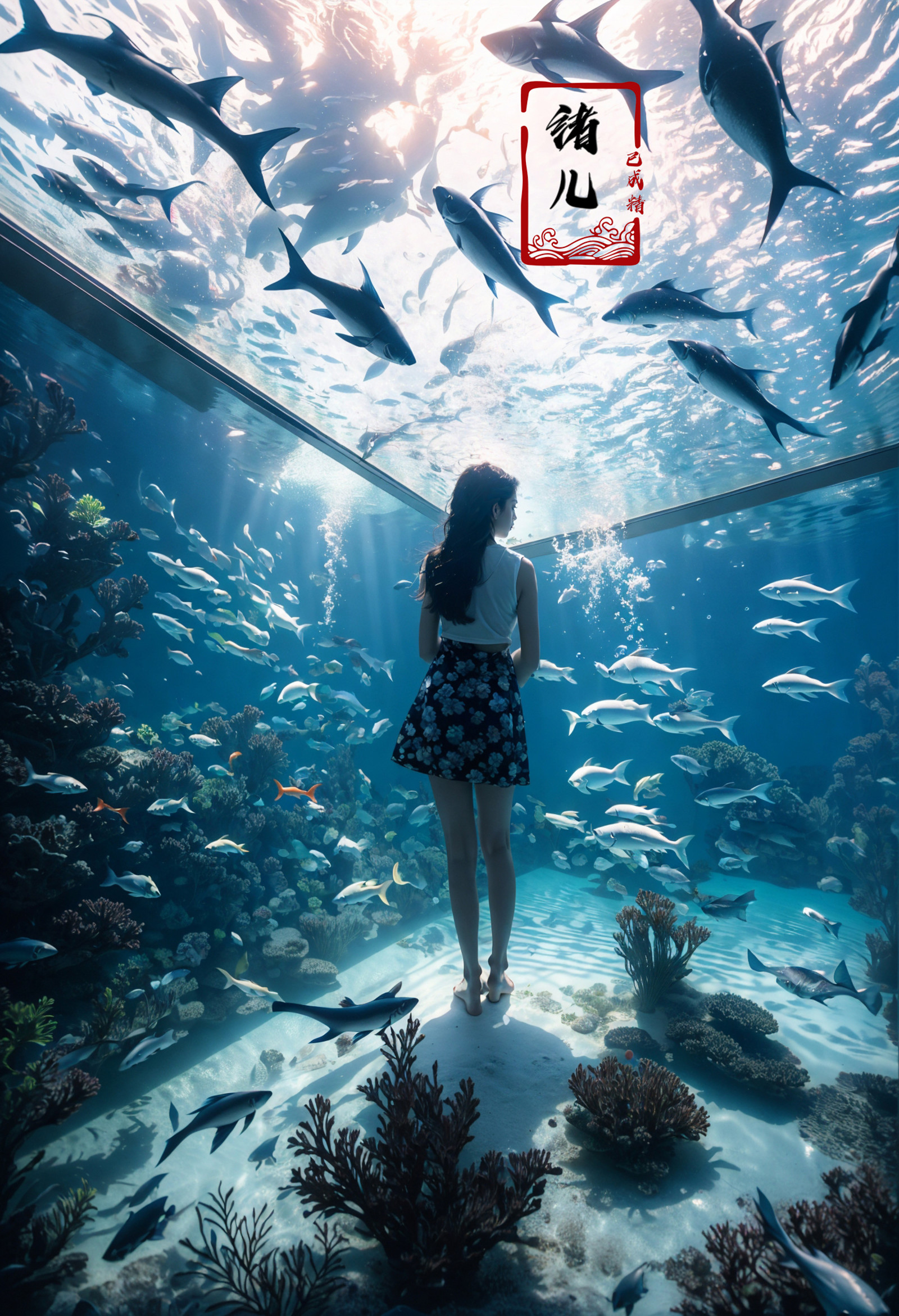 fish, long hair, 1girl, solo, scenery, black hair, aquarium, underwater, water, plant, window, bubble, standing,
<lora:~Q?...